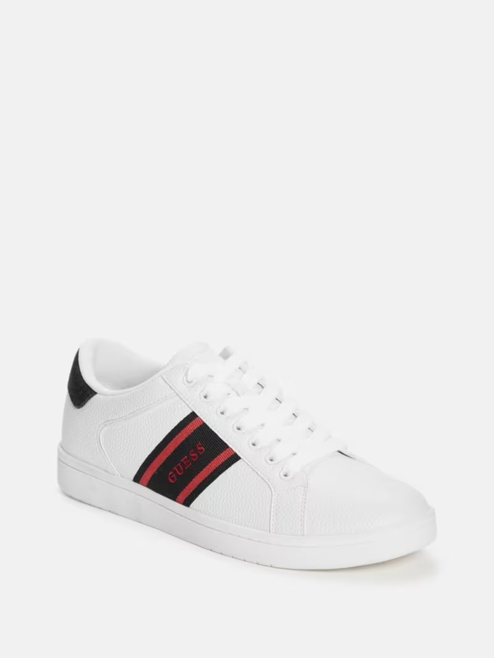 GUESS Men’s White Low-Top Sneakers with Black & Red Stripes